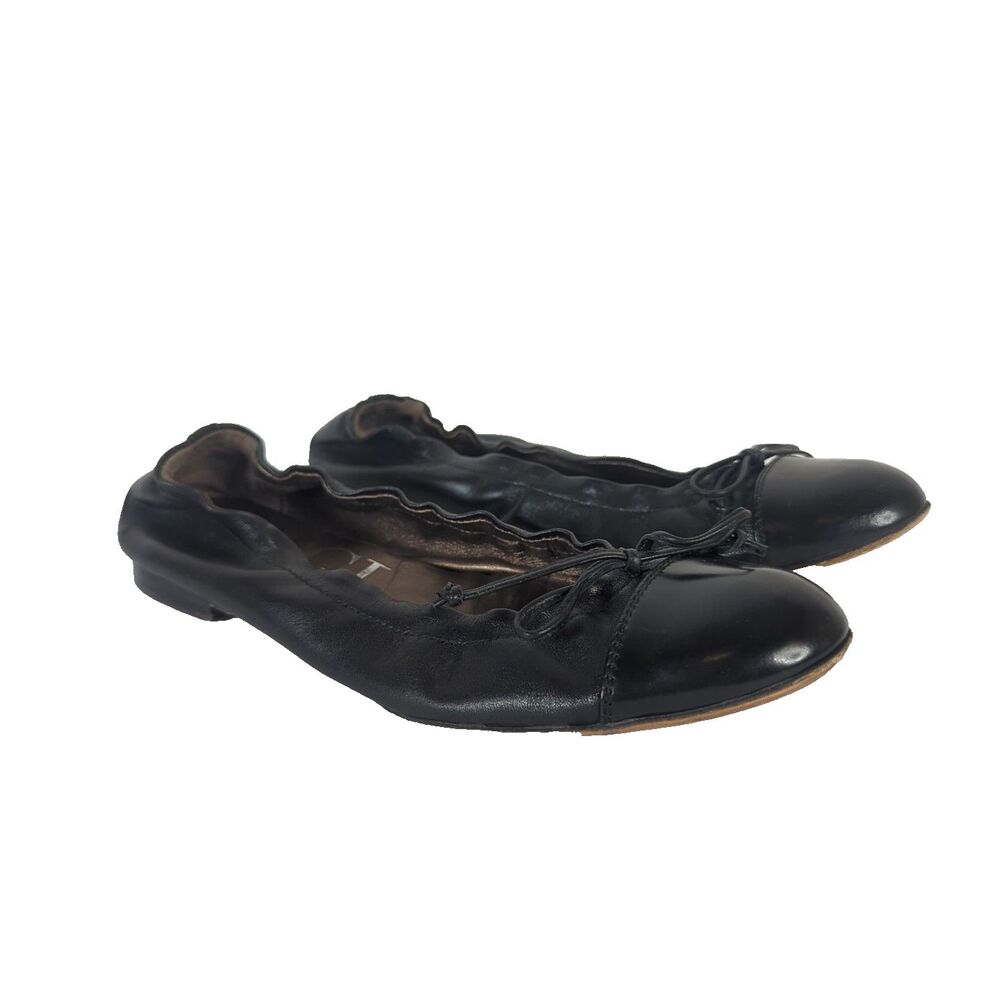 AGL Black Leather Ballet Flat Cap Toe Women Size 37.5 US 7 Bow Elastic Italy - Picture 2 of 10